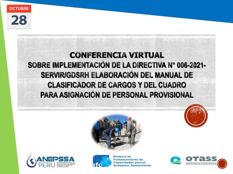 CONFERENCIA VIRTUAL SOBRE IMPLEMENTACIÓN DE LA DIRECTIVA N° 006-2021-SERVIR/GDSRH ELABORACIÓN DEL MANUAL DE CLASIFICADOR DE CARGOS Y DEL CUADRO PARA ASIGNACIÓN DE PERSONAL PROVISIONAL